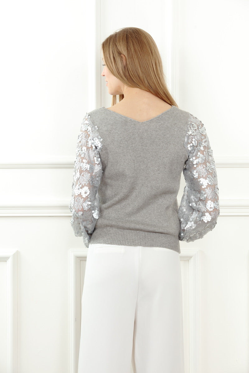 Light grey sheer sequin sleeve sweater by Zero Degrees Celsius Inc, featuring sparkly sequin details on transparent sleeves.