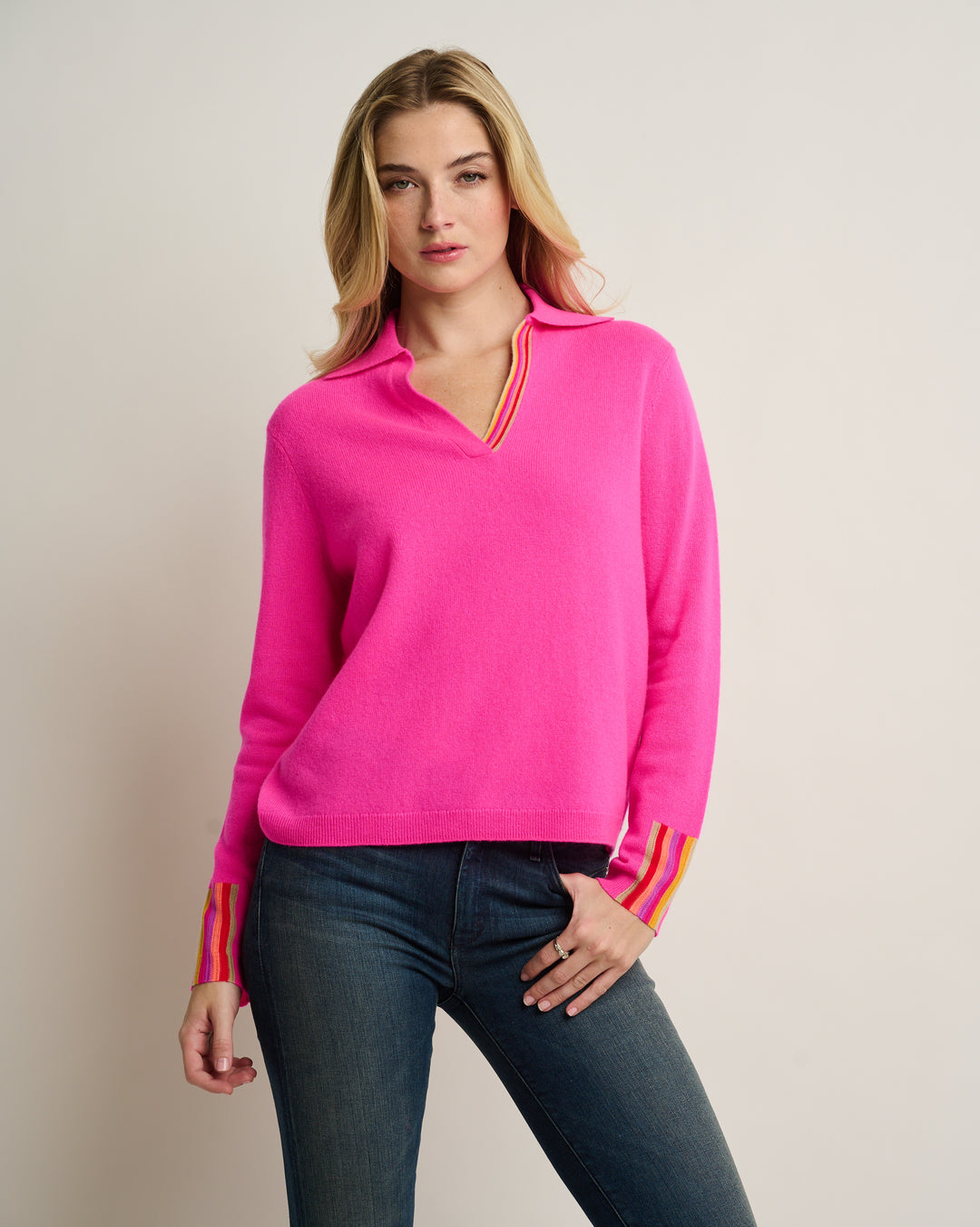 Pink collar call cashmere sweater by Lisa Todd International, close-up of soft cashmere fabric and stylish collar detail.