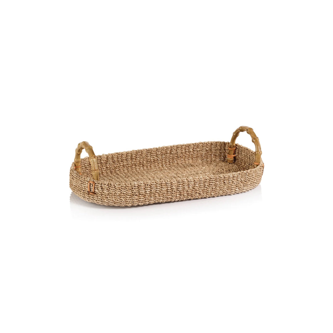 Abaca and bamboo tray with handles, home decor by Zodax, featuring natural woven texture and sturdy side handles for serving or display.