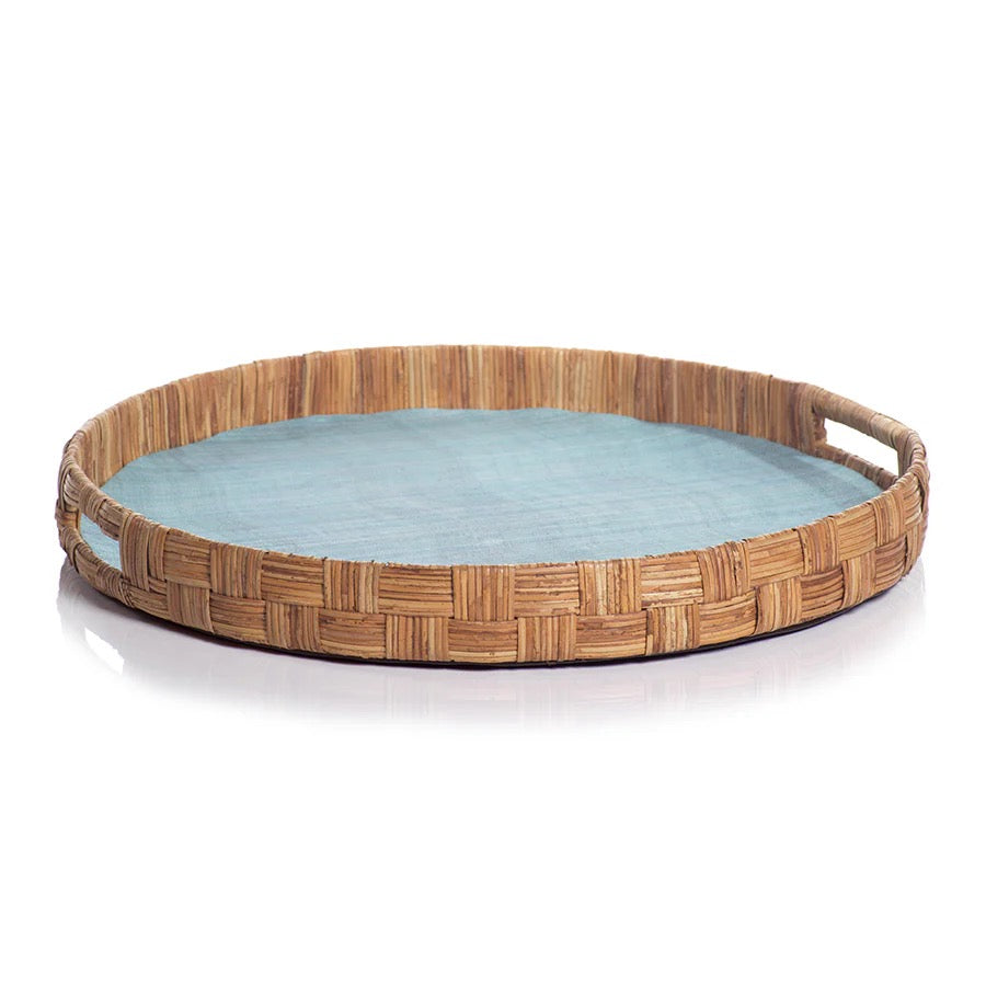 Round Zodax Abaca and silk cane tray with woven design, ideal for home decor or serving surfaces.