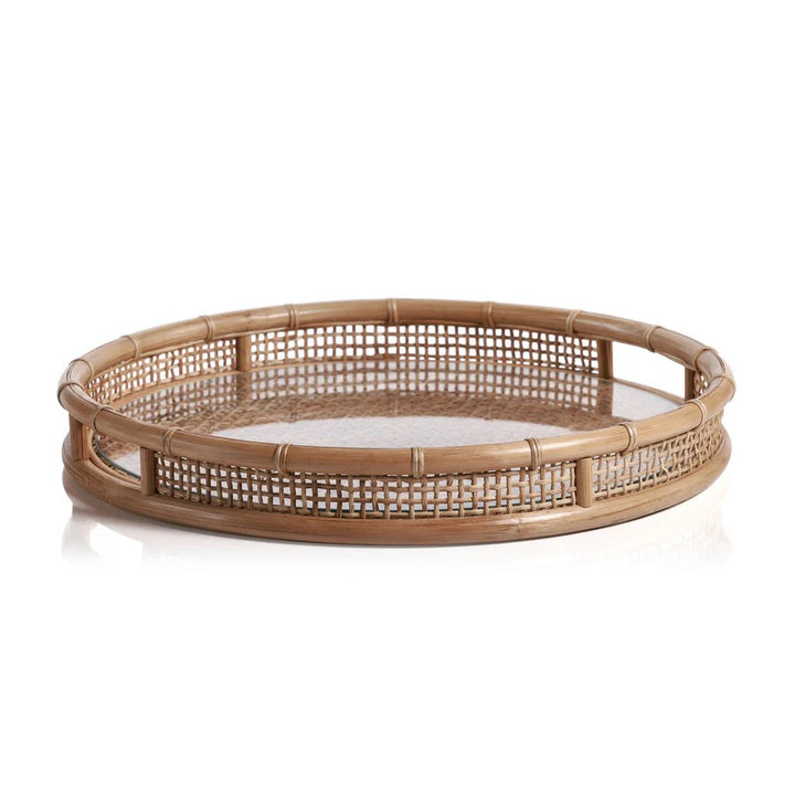 Zodax Cane and Glass Round Serving Tray with woven cane border and clear glass surface, ideal for home serving and décor.