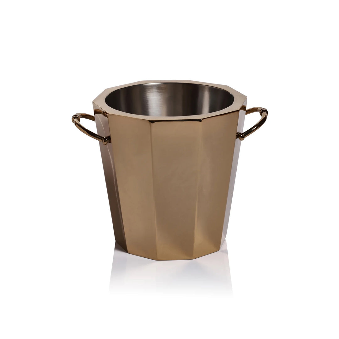 Gold double wall ice bucket from Zodax, sleek home bar accessory with insulated double walls for chilling beverages.