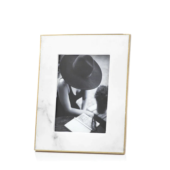 Gold-lined marble photo frame in 5x7 size by Zodax, featuring elegant marble with gold accents for home decor.