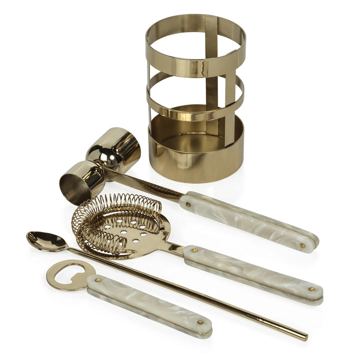 Zodax Knightsbridge 5-piece bar set with sleek glasses and accessories, perfect for home bartending and entertaining.