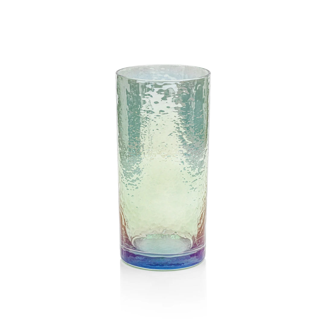 Blue Luster Highball Glass by Zodax, showcasing its shiny, reflective surface and sleek tall design for home bar use.