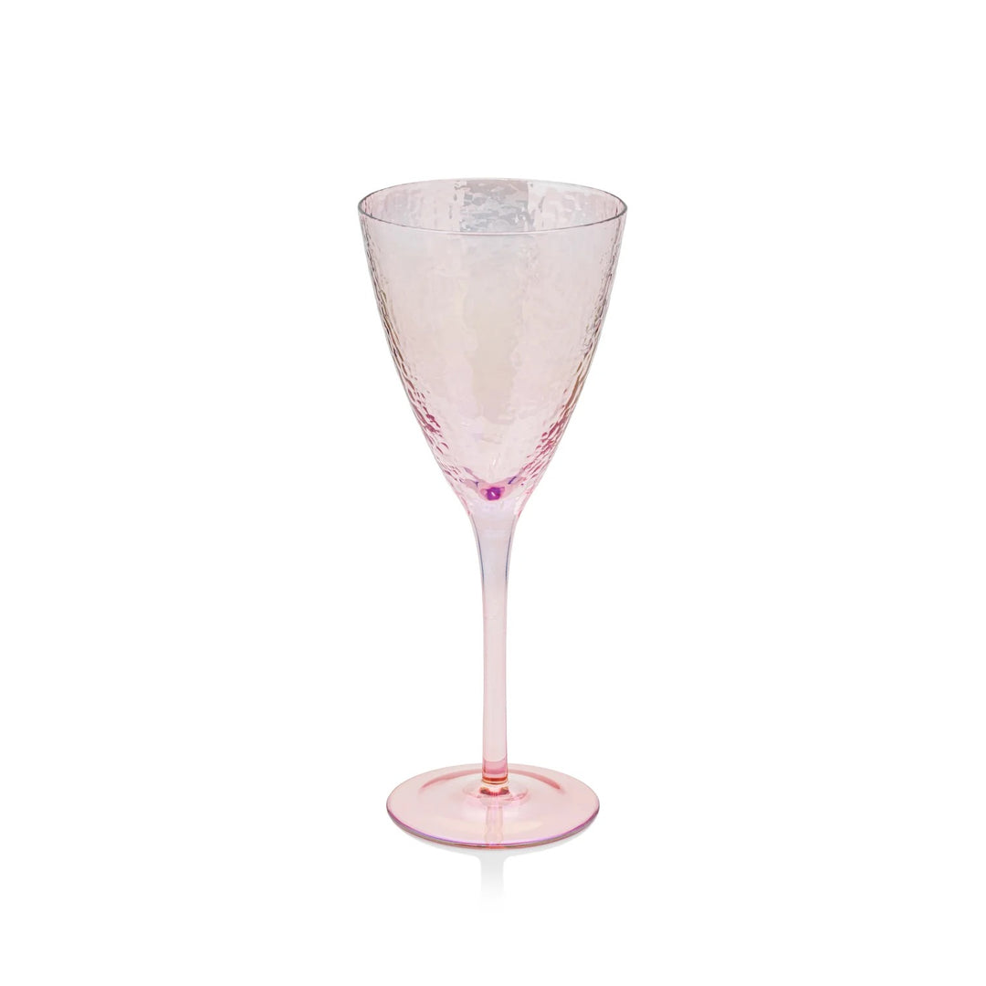 Pink Luster Wine Glass from Zodax, elegant home drinkware with a shimmering finish, showcasing a clear glass stem and rounded bowl.