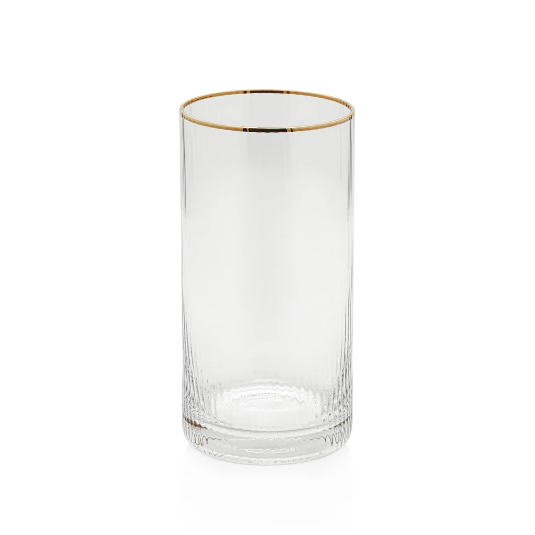 Optic highball glass with gold rim by Zodax, clear glass drinkware for cocktails and beverages on a home bar setup.