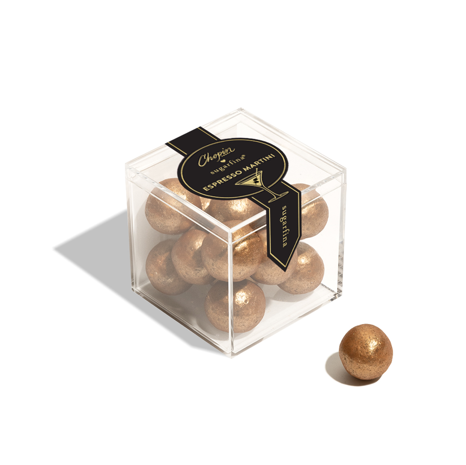 Sugarfina Espresso Martini Cordials gift box, small collection of coffee-flavored liqueur candies in elegant packaging.