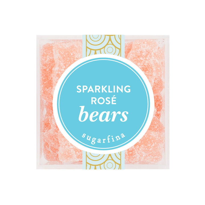 Small Sparkling Rosé Bears by Sugarfina, colorful gummy bear candies with sparkling pink and white coating in a gift box.